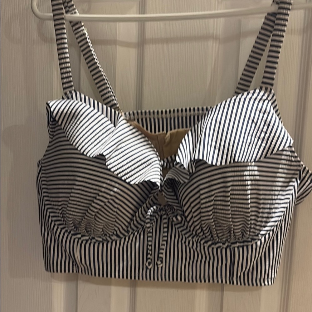 Cacique Black and White Striped Bikini Top with Ruffle Detail